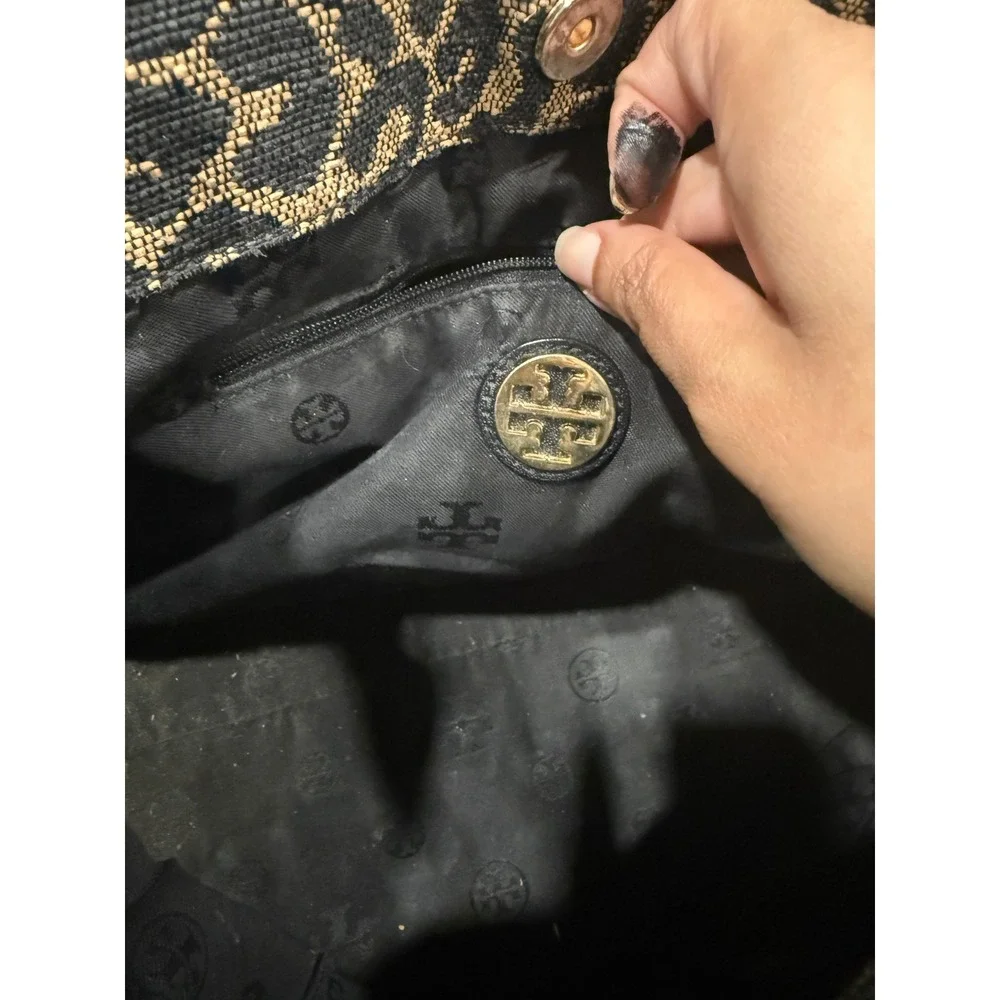 Tory Burch Ella Mini Tote Bag Leopard Print Jacquard Leather Black Tan Small